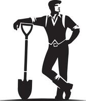 A silhouette of a man in work clothes leaning on a shovel looking off to the side in black and white vector