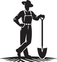 Silhouette of a farmer with hat and overalls leaning on a shovel in a field design vector