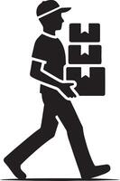 A delivery person in silhouette carrying three boxes while walking on a white background vector