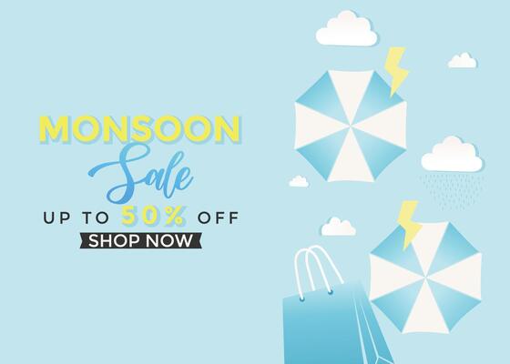 Rainy season illustration with monsoon sale vibez creative design featuring umbrella, clouds, raindrops, thunder, and shopping bags for a huge discount offer