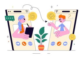 Online Therapist Consultation Scene on Mobile Device with Counseling Interface in Flat Illustration vector