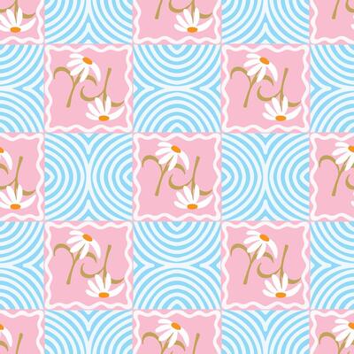 seamless pattern with white flower with blue and pink background
