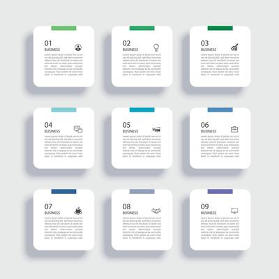 9 data infographics square tab label index template. Illustration business abstract background.