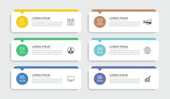 6 data infographics rectangle tab index template. Illustration business abstract background. vector