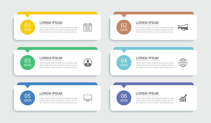 6 data infographics rectangle tab index template. Illustration business abstract background.