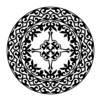 Black and white ethnic patterned plate. Geometric circle element for design. Gold Kazakh ornament. Element of the national pattern of the ancient nomads. For decoration of clothes, yurts, ceramics vector