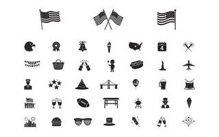 Collection of Patriotic Icons Representing Independence Day and American Traditions, iconic symbols like flags, fireworks, and landmarks, capturing national pride and festive spirit vector
