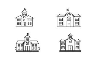 A collection of four outlined school building illustrations featuring iconic architectural details, such as clock towers and flags. These line art designs are of educational institutions. vector