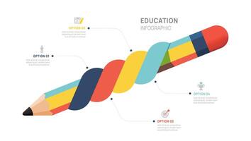 Colorful twisted pencil infographic with 4 steps for education, learning, business, and presentation design. vector