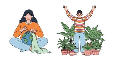 Two illustrations of people with plants and a woman holding a globe vector