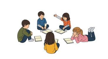 A group of children sitting around a book vector