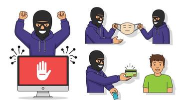 A man in a mask is holding a computer and a mask vector