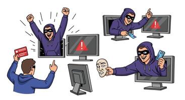A man in a hoodie is holding up a computer screen vector