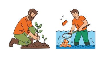 Two illustrations of a man planting trees and a man in the water vector