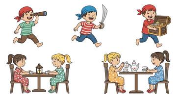 Cartoon pirates set of children playing at table vector