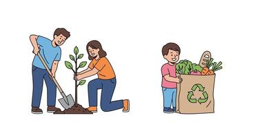 Two people are planting trees and vegetables vector