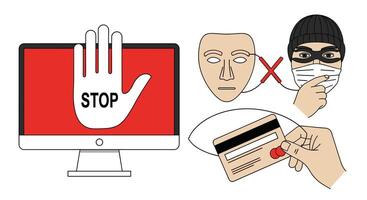 A hand holding a credit card and a computer screen with a stop sign vector
