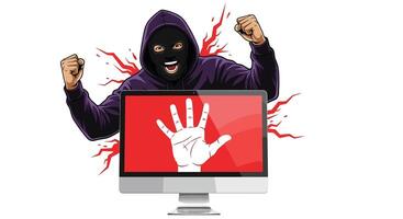 A man in a hoodie is holding up a computer screen with a red hand vector