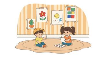 Two children sitting on the floor with paper and paint vector