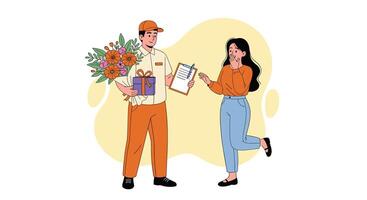 A man and woman are holding flowers and a box vector