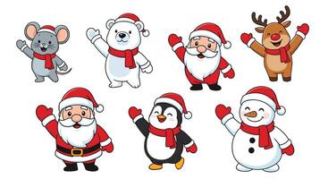 Christmas cartoon santa claus, penguin, reindeer, bear and other animals vector