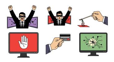 A set of icons depicting a person in a suit holding a computer, a hand holding a credit vector