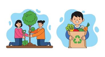 Two cartoon images of people planting trees and recycling vector