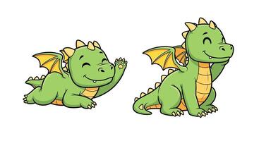 Two cartoon green dragon characters, one with wings and one with wings vector