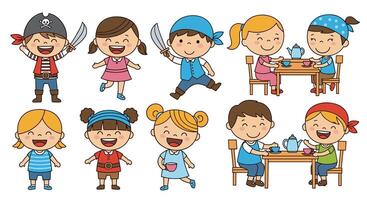 Cartoon children eating and drinking at a table vector