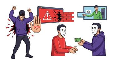 A cartoon of a man in a mask and a man holding a credit card vector