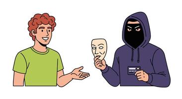 A cartoon man is holding a mask and a credit card vector
