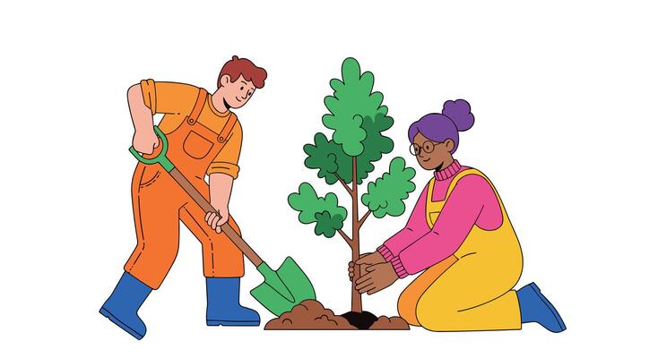 Two people are planting a tree together