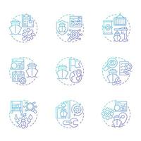 Ship management blue gradient concept icons. Maritime cargo transportation system. Delivering goods by sea. Icon pack. Round shape illustrations for presentation. Abstract idea vector