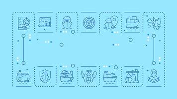 Ship management light blue word concept. Delivering cargoes by sea industry. Shipment business. Horizontal image. Headline text surrounded by editable outline icons vector