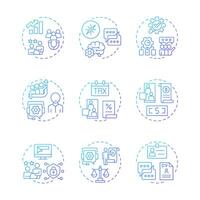 Consulting blue gradient concept icons. Business strategy, planning. Marketing, workflow. Tax management. Icon pack. Round shape illustrations for infographic. Abstract idea vector