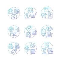 Quote management blue gradient concept icons. Price control, discount. Product strategy, development. Icon pack. Round shape illustrations for infographic, article. Abstract idea vector