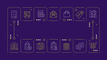 Configure price quote purple word concept. Statistical metrics, analysis. Purchasing, discount. Horizontal image. Headline text surrounded by editable outline icons vector