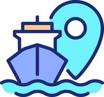 Ship location pixel perfect line color icon. Tracking vessel route in sea. Maritime transport industry. Navigation. Isolated illustration. Flat colorful symbol design. Editable stroke vector