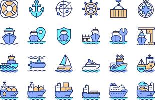 Maritime transport pixel perfect line color icons set. Transporting goods via sea routes. Shipping by watercraft. illustrations. Simple flat colorful symbols collection. Editable stroke vector