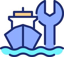 Ship maintenance pixel perfect line color icon. Marine transport technical support. Vessel repair service. Dry dock. Isolated illustration. Flat colorful symbol design. Editable stroke vector