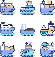 Cargo shops types pixel perfect line color icons set. Maritime transport delivering freights. Sea route delivery service. illustrations. Simple flat colorful symbols collection. Editable stroke vector