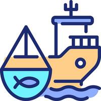 Fishing vessel pixel perfect line color icon. Ship designed to catch fish and aquatic animals. Maritime transport type. Isolated illustration. Flat colorful symbol design. Editable stroke vector