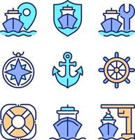 Maritime shipping industry pixel perfect line color icons set. Transporting cargoes by sea. Delivery industry. illustrations. Simple flat colorful symbols collection. Editable stroke vector
