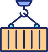 Container loading pixel perfect line color icon. Crain transports heavy cargo. Lifting equipment of marine port. Isolated illustration. Flat colorful symbol design. Editable stroke vector