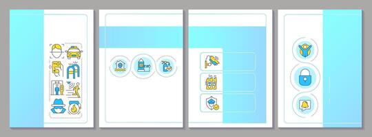 Physical security blue brochure layout. Safeguarding people, property and data tools. Leaflet advertising design with color line icons. Editable 4 pages vector