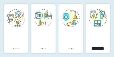 Physical security audit components onboarding mobile app screen. Walkthrough 4 steps editable graphic instructions with linear concepts. UI, UX, GUI vector