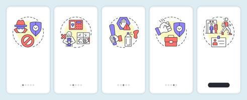 Physical security threats and risks onboarding mobile app screen. Walkthrough 5 steps editable graphic instructions with linear concepts. UI, UX, GUI vector