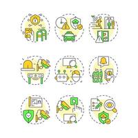 Physical security multi color concept icons. Safety providing strategy. Protecting people and assets. Icon pack. Round shape illustrations for presentation. Abstract idea vector