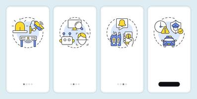 Physical security ecosystem onboarding mobile app screen. Protection. Walkthrough 4 steps editable graphic instructions with linear concepts. UI, UX, GUI vector
