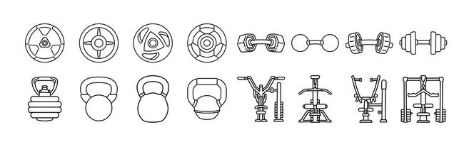 Gym equipment line art icon set. Fitness tool outline symbol sign illustration collection. Dumbbell, kettlebell, weight plate and lat pulldown machine for weightlifting, bodybuilding, workout vector